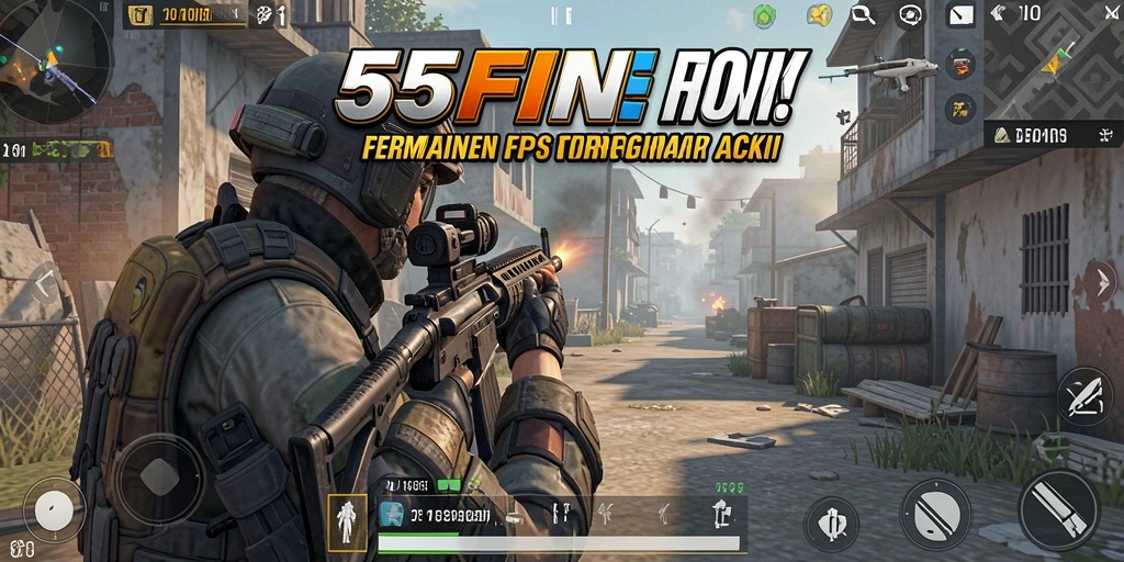Tampilan gameplay menegangkan di <strong>55FIVE</strong> dengan aksi menembak yang intens.