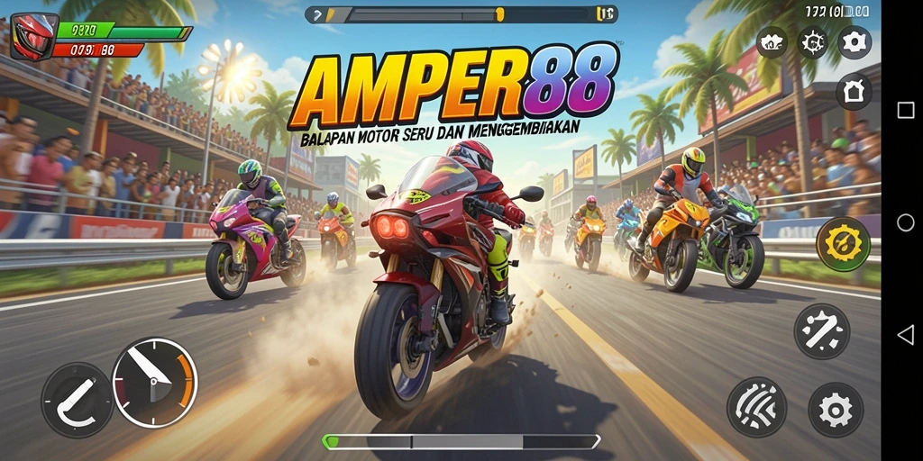Tampilan gameplay balap motor yang mendebarkan di AMPER88.