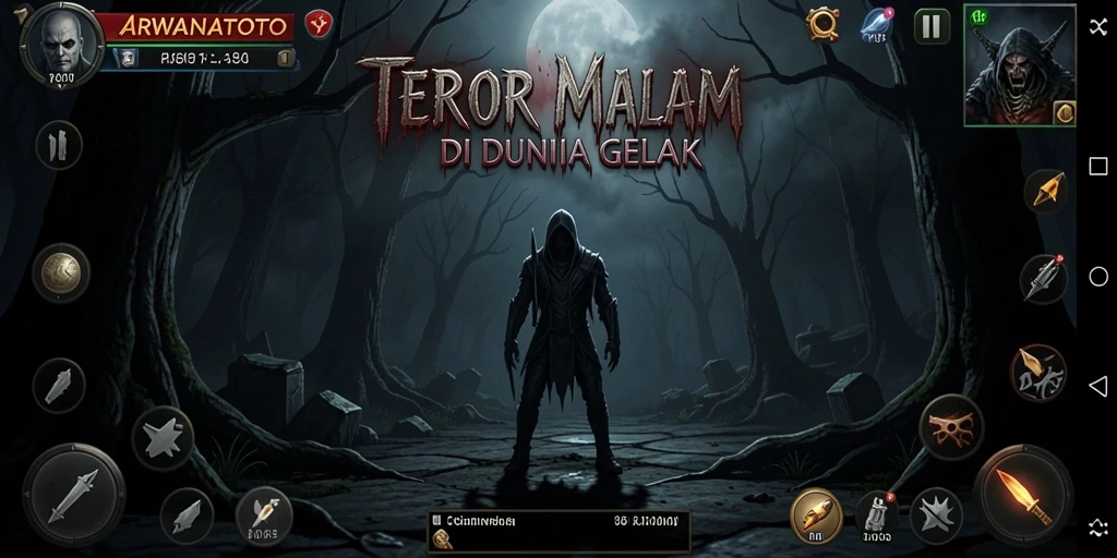 Tampilan gameplay <strong>ARWANATOTO</strong> yang menakutkan saat menjelajahi kegelapan.