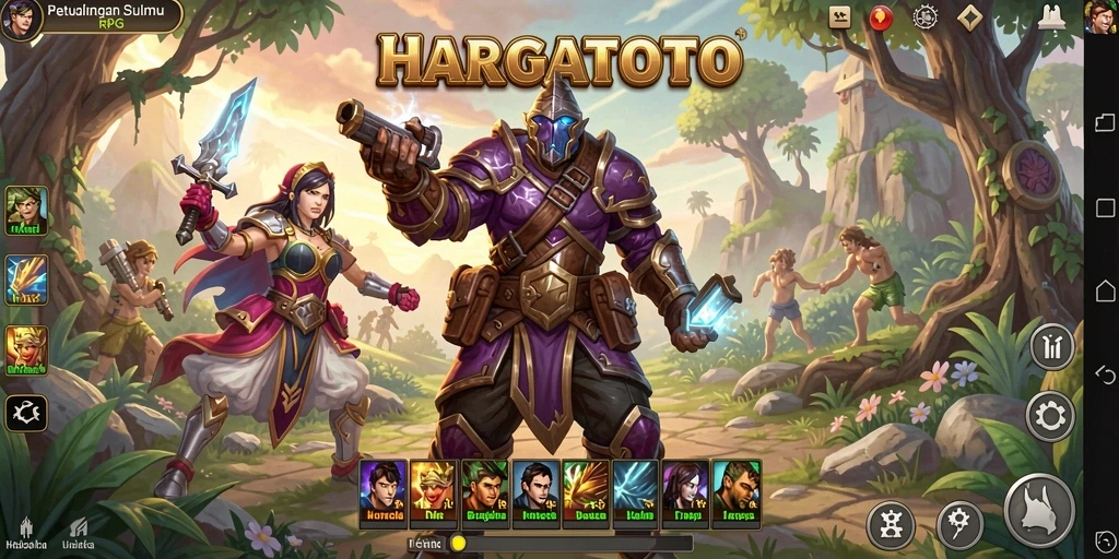 Screenshot HARGATOTO menunjukkan aksi pertempuran RPG yang mendebarkan.