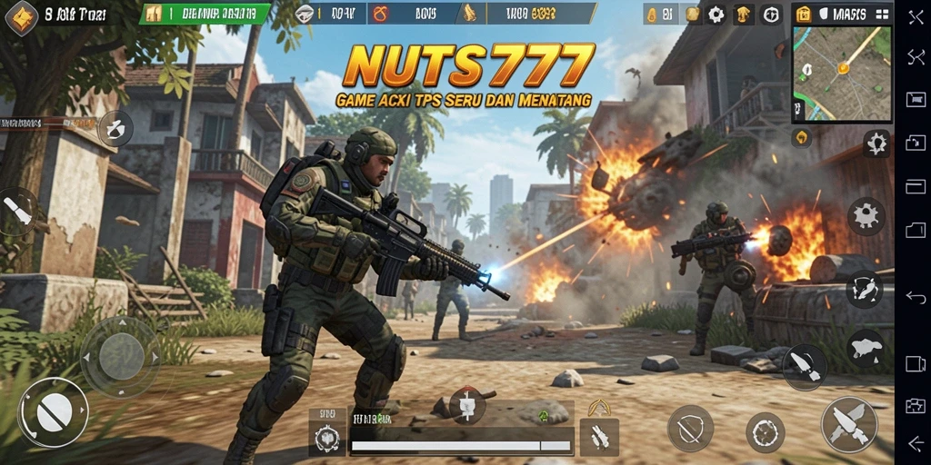 Screenshot gameplay NUTS777 menampilkan aksi seru dalam pertempuran TPS.