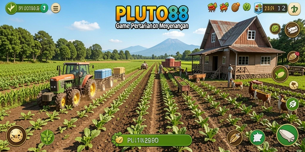 Screenshot utama PLUTO88 menampilkan aktivitas bertani yang seru.