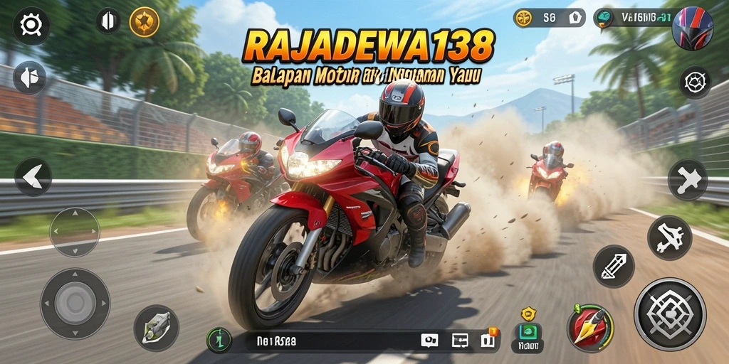 Screenshot gameplay RAJADEWA138 yang menunjukkan balapan motor yang mendebarkan.