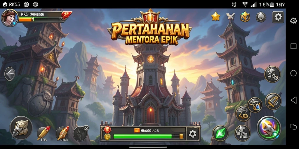 Tangkapan layar utama RK55 menunjukkan aksi seru dalam pertahanan menara.