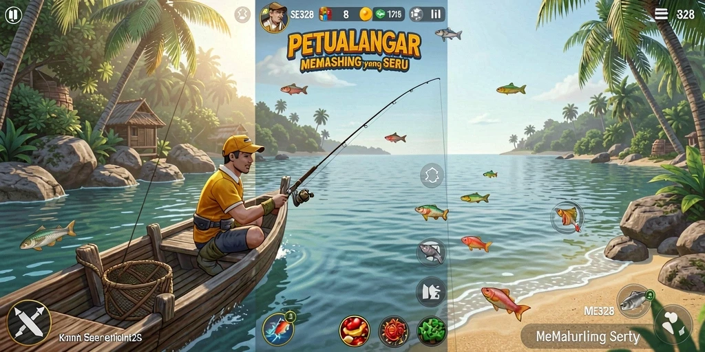 Gameplay memancing yang realistis dengan beragam ikan.